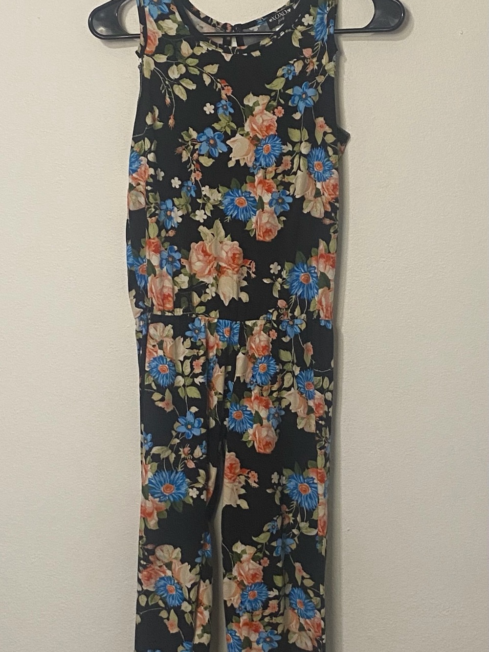 XOXO Black Floral Sleeveless Jumpsuit with Blue and Peach Flowers
